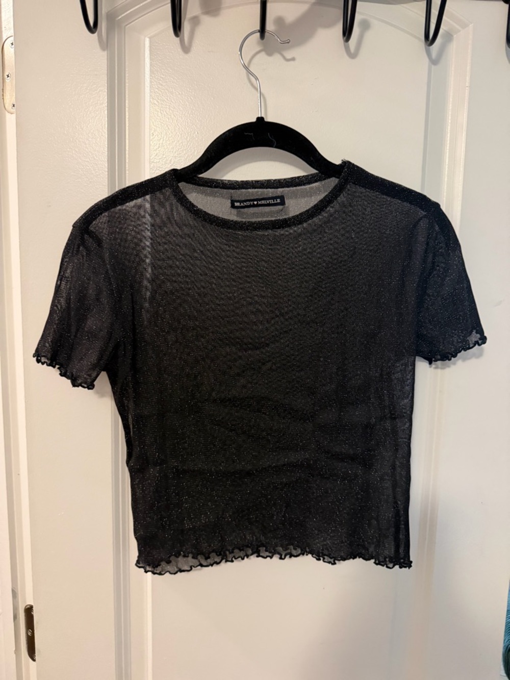 Brandy Melville Black Sheer Lettuce-Edge Short Sleeve Crop Tee